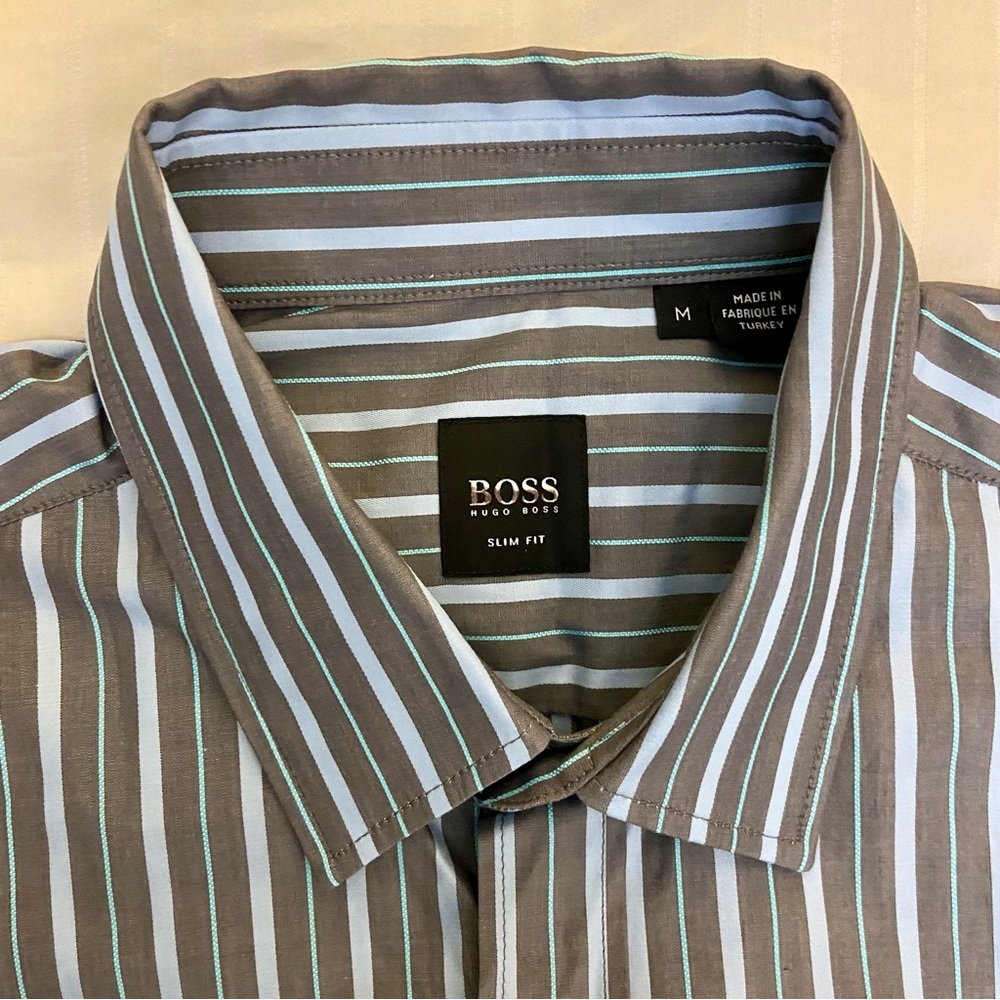 HUGO BOSS slim fit long-sleeve gray/blue/teal striped collared dress shirt sz M - Picture 2 of 11